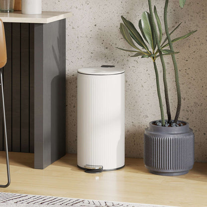 30L Kitchen Pedal Bin | Soft-Close Lid | Removable Inner Bucket | Lid Stay-Open | Fingerprint-Proof | Vertical Striped Metal & PP | Fully Assembled | 36x30x60.5cm | Cream