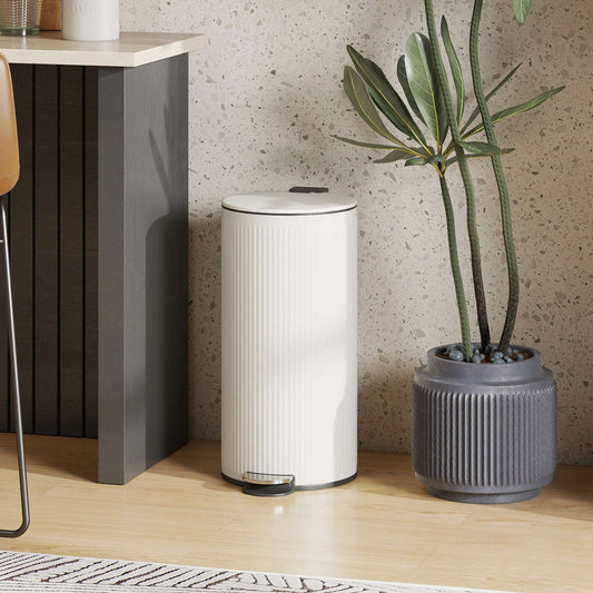 30L Kitchen Pedal Bin | Soft-Close Lid | Removable Inner Bucket | Lid Stay-Open | Fingerprint-Proof | Vertical Striped Metal & PP | Fully Assembled | 36x30x60.5cm | Cream