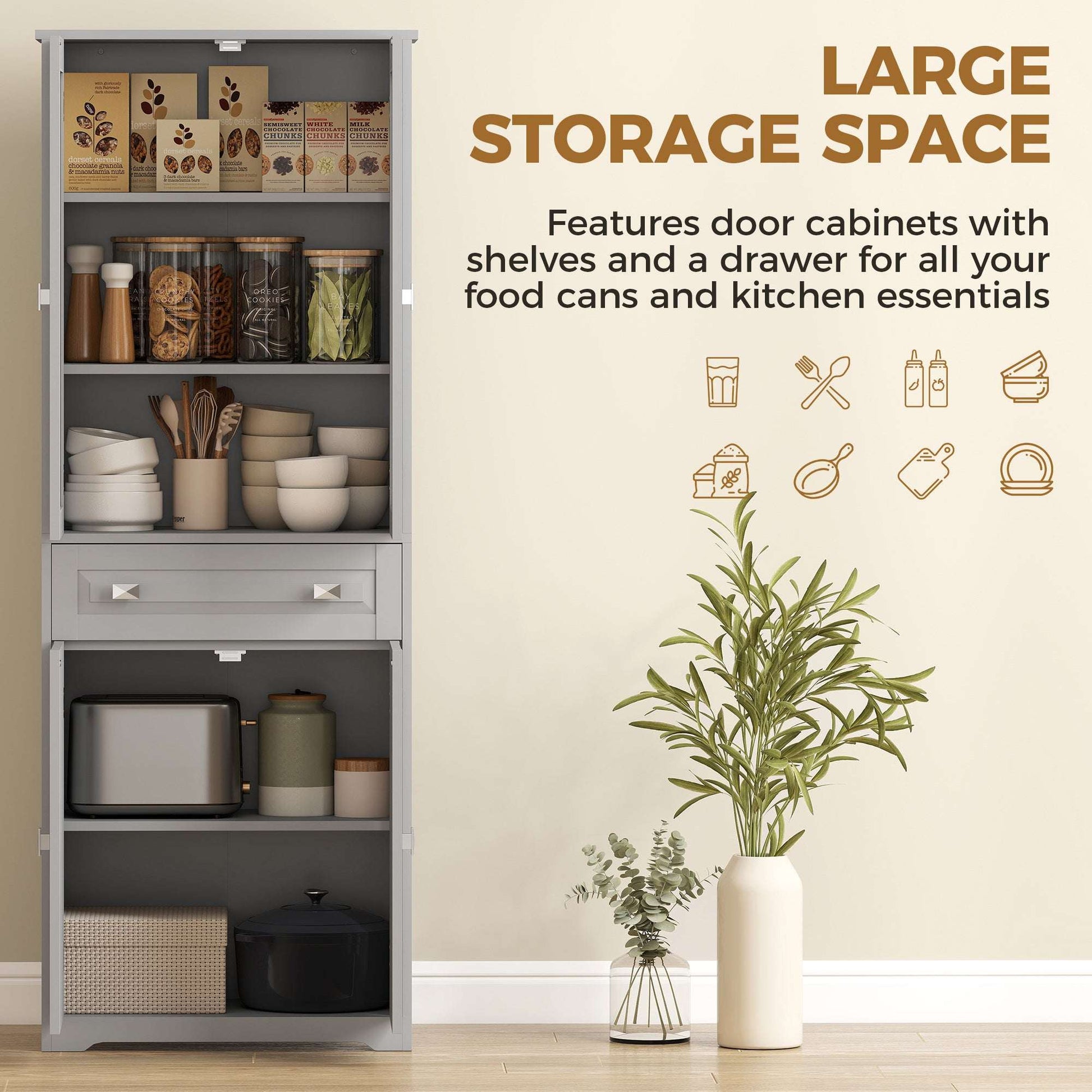 Freestanding Kitchen Cupboard, Storage Cabinet with 2 Adjustable Shelves, Drawer and Glass Door for Living Room, Grey