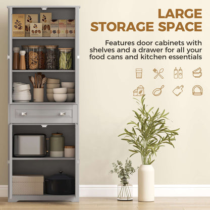 Freestanding Kitchen Cupboard, Storage Cabinet with 2 Adjustable Shelves, Drawer and Glass Door for Living Room, Grey