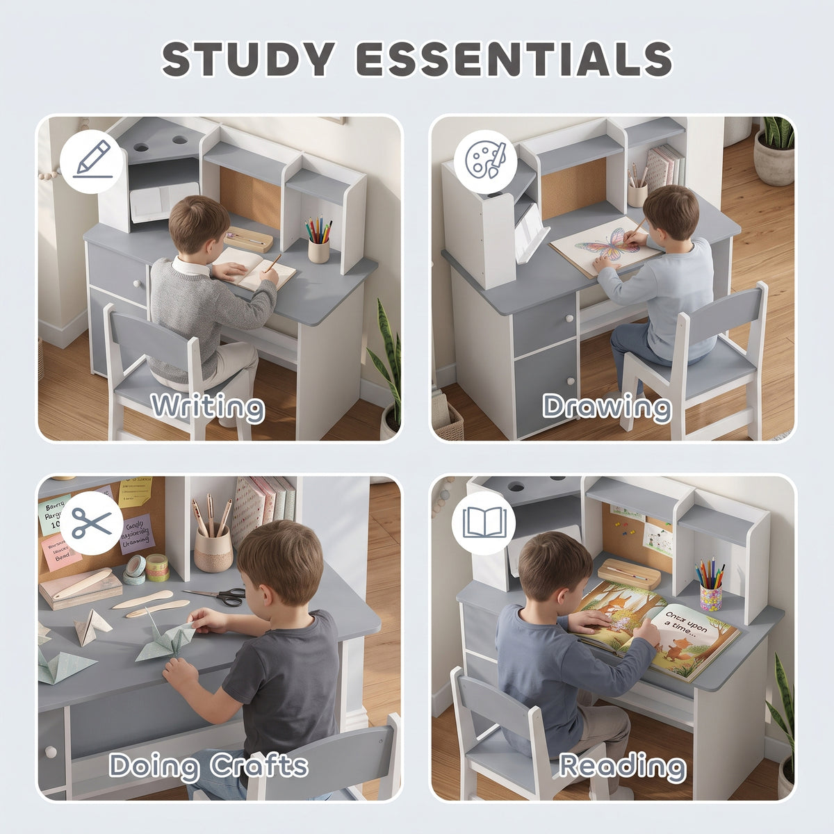 Kids Desk and Chair Set | Adjustable Tablet Stand | Cork Board | Pen Holder | 3-Tier Bookshelf | Upper Cubbies & Cabinets | E1 MDF | Rounded Corners | Anti-Tip | 90x39x95cm Table | Ages 3–12 | Grey & Pink