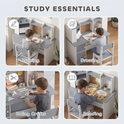 Kids Desk and Chair Set | Adjustable Tablet Stand | Cork Board | Pen Holder | 3-Tier Bookshelf | Upper Cubbies & Cabinets | E1 MDF | Rounded Corners | Anti-Tip | 90x39x95cm Table | Ages 3–12 | Grey & Pink