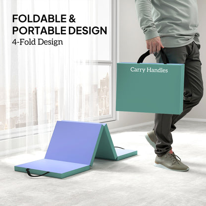 Foldable Gymnastics Mat | 5cm EPE Foam | 180x60cm | 4-Fold | Carry Handle | 150kg | Yoga & Tumbling | Green & Purple
