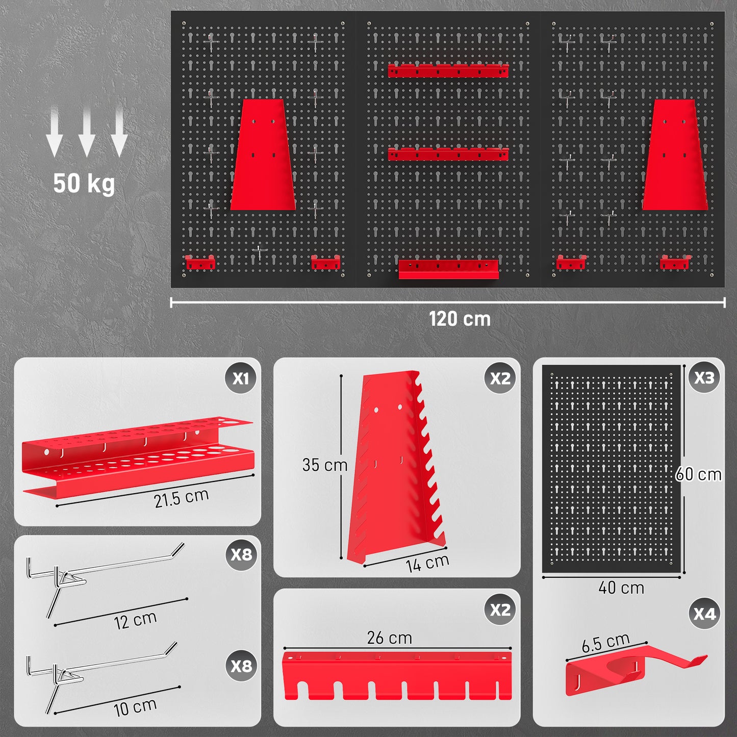 Wall-Mounted Steel Pegboard Tool Storage Set | 28pc | 3 Boards | 50kg | Black & Red | Garage & Workshop