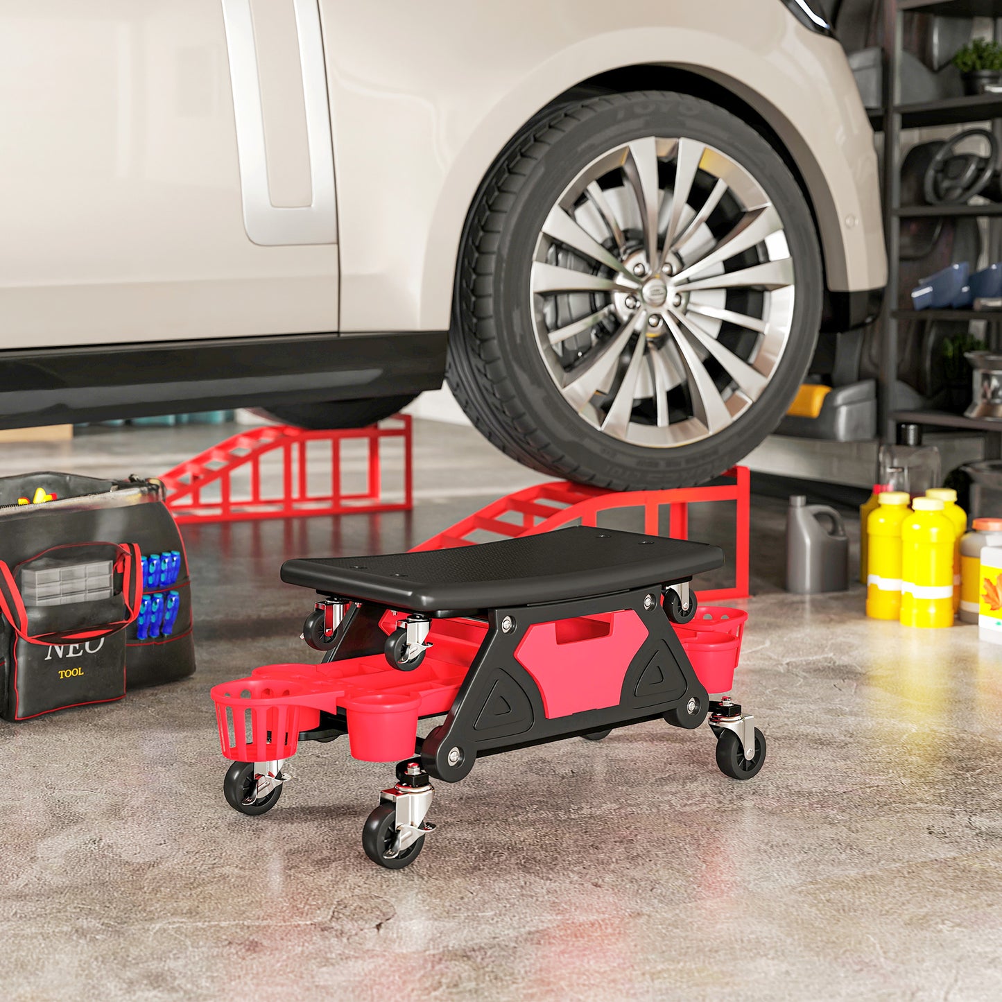 Rolling Mechanic Stool, 135kg Capacity Workshop Stool with 360° Swivel Wheels, Roller Creeper Seat with Slide Out Tool Trays, Drawer, Bottle Holders for Garage, Shop, Auto Repair