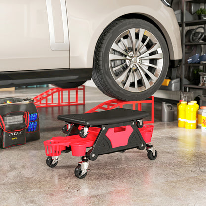 Rolling Mechanic Stool, 135kg Capacity Workshop Stool with 360° Swivel Wheels, Roller Creeper Seat with Slide Out Tool Trays, Drawer, Bottle Holders for Garage, Shop, Auto Repair