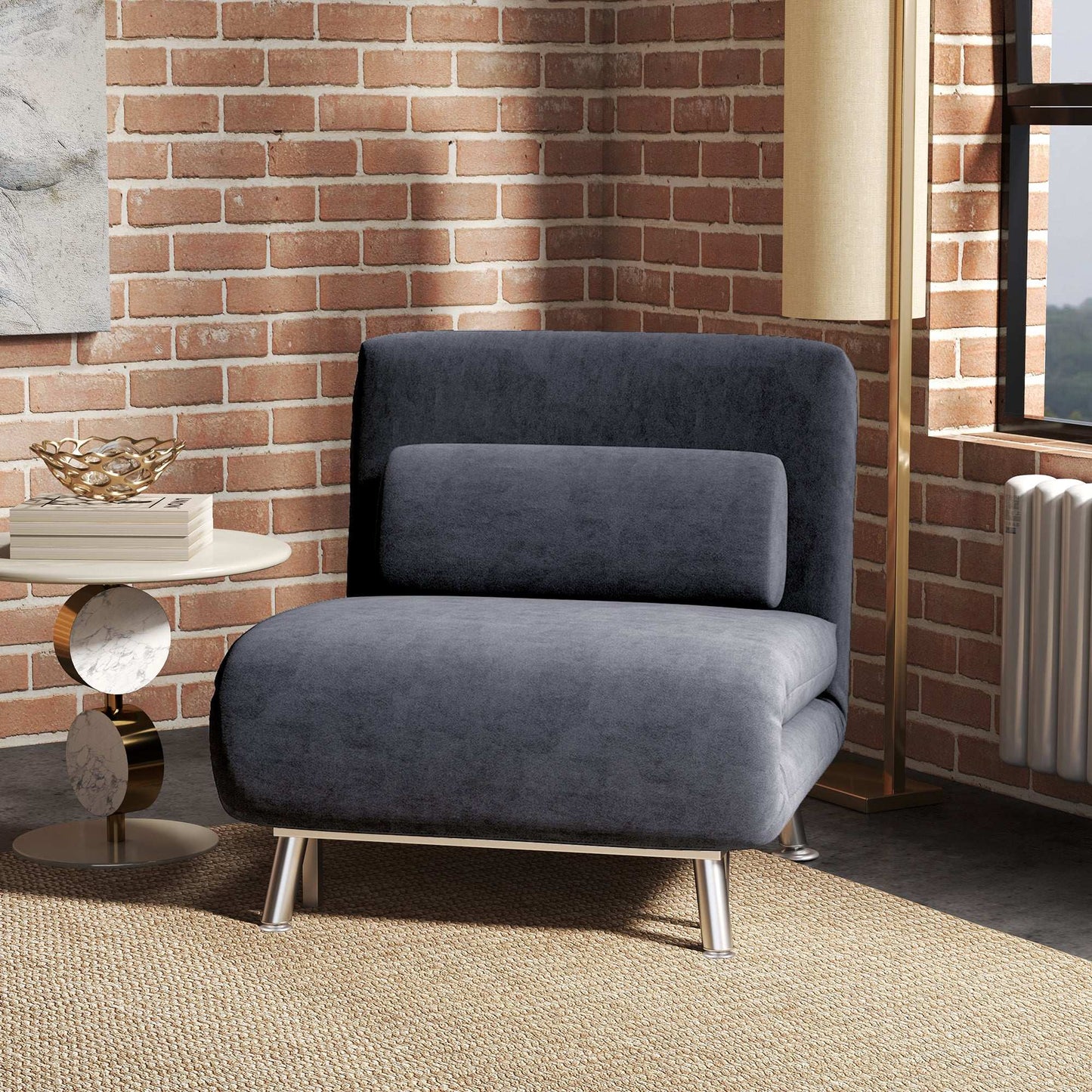 Single Sofa Bed, 1 Person Sleeper Foldable Lounge with Pillow, Charcoal Grey