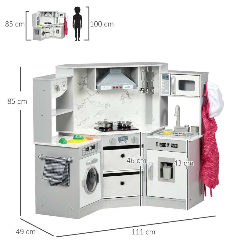 Kids Toy Kitchen With Running Water, Lights, Sounds, Apron and Chef Hat, Water Dispenser, for Ages 3-6 Years, Grey