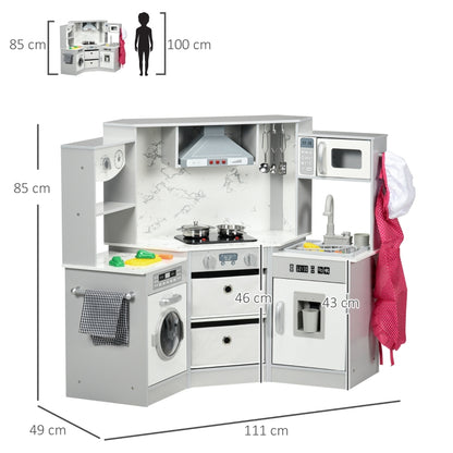 Kids Toy Kitchen With Running Water, Lights, Sounds, Apron and Chef Hat, Water Dispenser, for Ages 3-6 Years, Grey