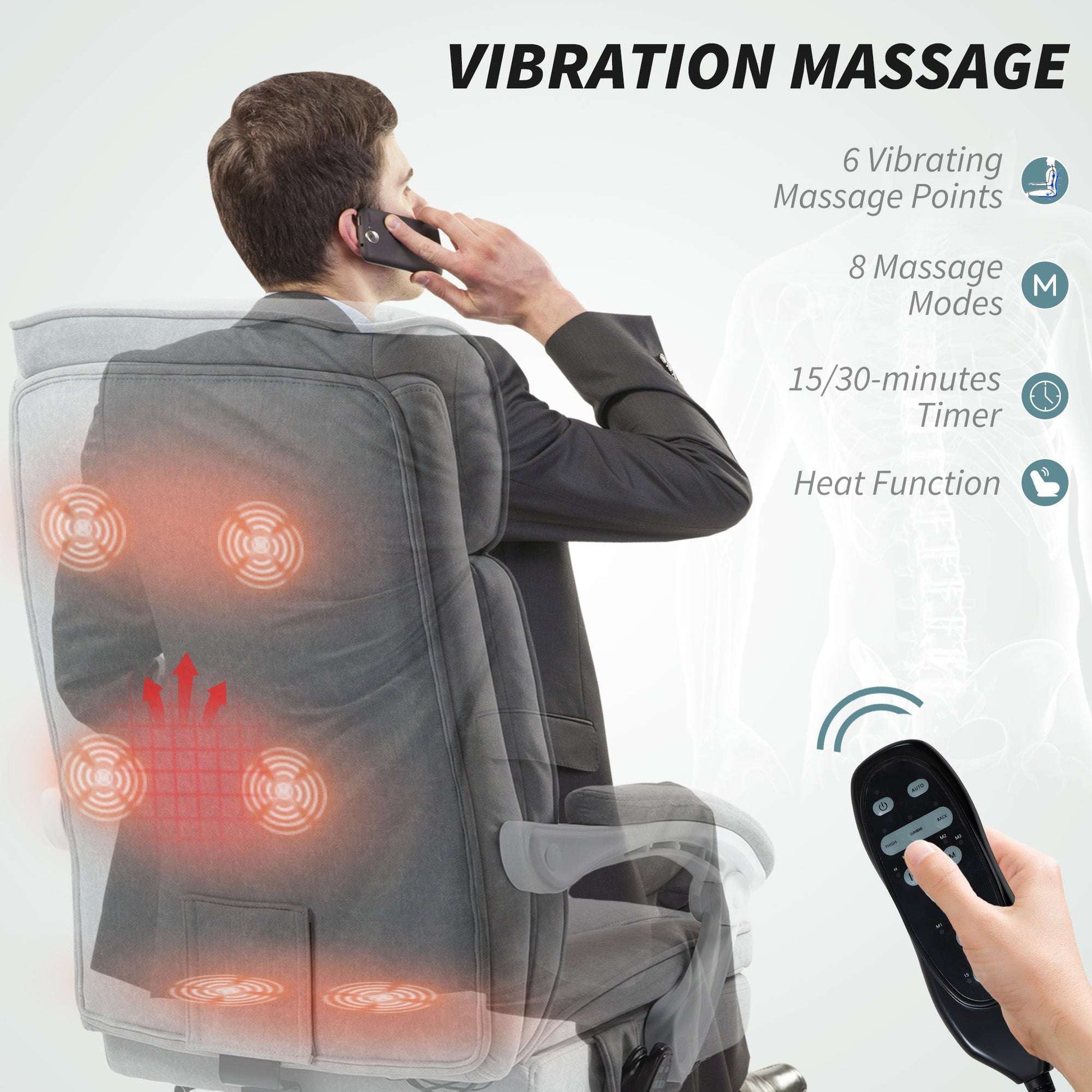 Executive Office Chair with 8-point Massage and Heat, Fabric Computer Desk Chair with Reclining Backrest, Height , Footrest, Remote, for Home, Grey