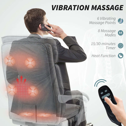 Executive Office Chair with 8-point Massage and Heat, Fabric Computer Desk Chair with Reclining Backrest, Height , Footrest, Remote, for Home, Grey