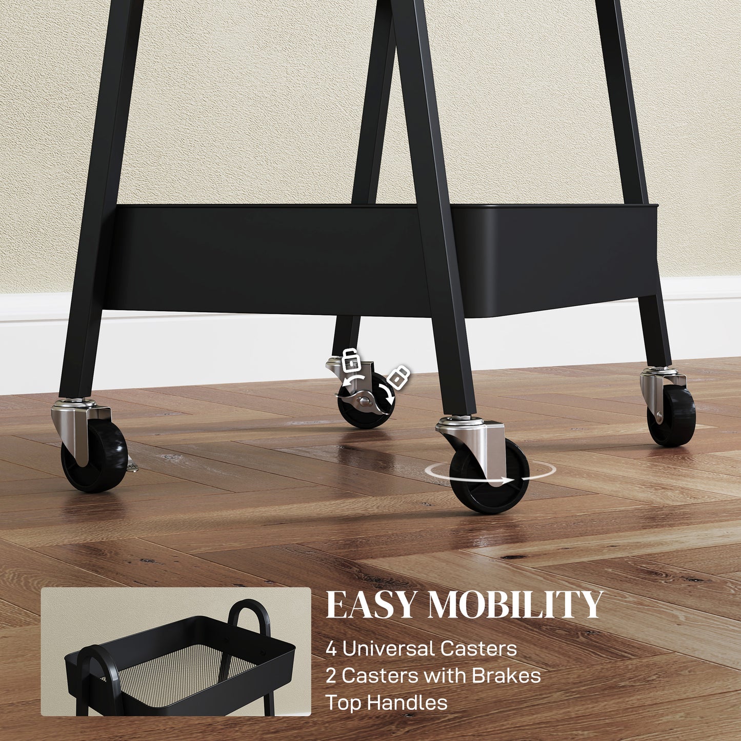 3-Tier Storage Trolley on Wheels - Black
