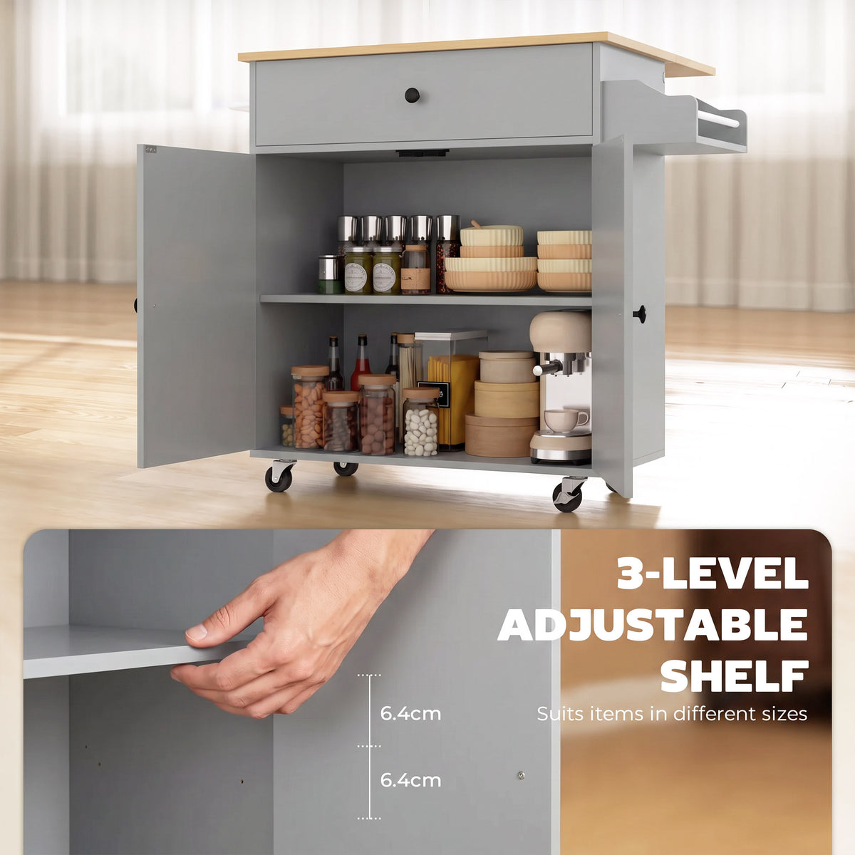 Kitchen Island Trolley with Drop-Leaf | Drawer | Cabinet & 3-Level Shelf | Spice Rack | Towel Rack | 4 Wheels 2 Brakes | Melamine Top | 50kg Total | 106x42x87cm | Grey / Black