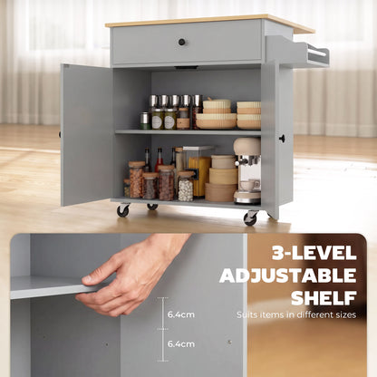 Kitchen Island Trolley with Drop-Leaf | Drawer | Cabinet & 3-Level Shelf | Spice Rack | Towel Rack | 4 Wheels 2 Brakes | Melamine Top | 50kg Total | 106x42x87cm | Grey / Black