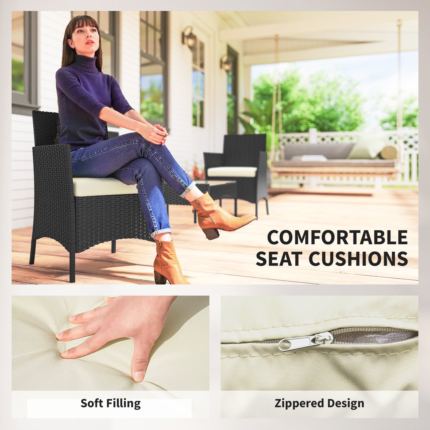 4 Piece Rattan Garden Sofa Set | Loveseat | 2 Armchairs | Tempered Glass Coffee Table | UV-Resistant PE Rattan | Powder-Coated Steel | Zipped Washable Cushions | Foot Pads | Cream