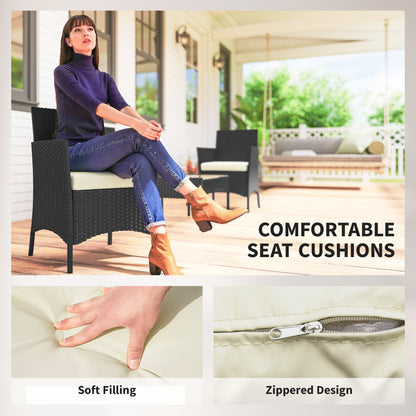 4 Piece Rattan Garden Sofa Set | Loveseat | 2 Armchairs | Tempered Glass Coffee Table | UV-Resistant PE Rattan | Powder-Coated Steel | Zipped Washable Cushions | Foot Pads | Cream