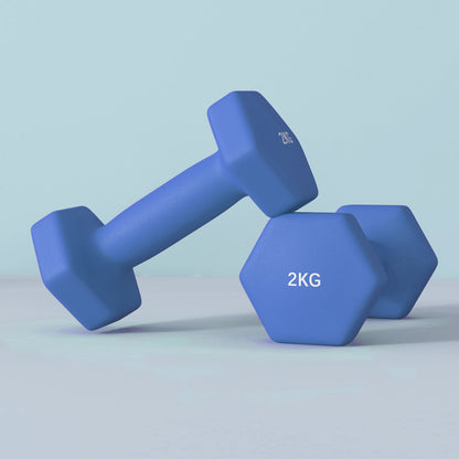 SPORTNOW 2x2kg Hexagonal Dumbbell Set | Blue | 16x7.5x7.5cm Each | Ø3.3x11cm Handle | Plastic-Coated | Non-Slip Grip | Anti-Roll Hex Design | Floor-Safe | Home Gym Workout