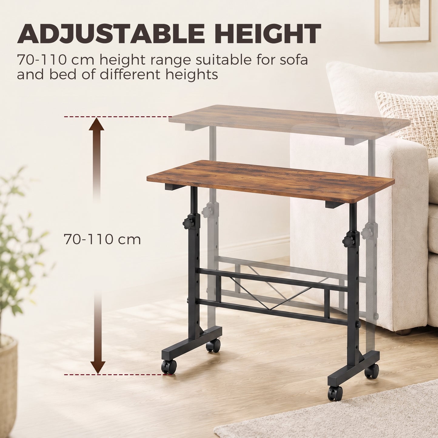 Overbed Table | 6 Height Settings 70-110cm | 4 Caster Wheels with 2 Brakes | Anti-Tip Device | 80x40cm Top | 15kg | Particleboard & Steel | Rustic Brown & Black