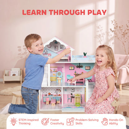 Kids Large 3-Storey Dolls House | 10 Accessories Included | Fits Dolls Up to 20cm | Detailed Rooms & Balcony | MDF | Smooth Edges | STEM-Inspired Pretend Play | 60.5x24x72.5cm | Ages 3–6 | Pink
