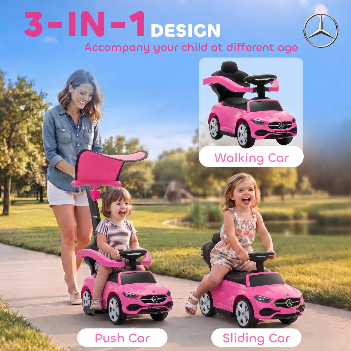 Mercedes Licensed 3-in-1 Kids Ride-On Push Car | Canopy | Guardrails | Steering Wheel Horn & Music | Under-Seat Storage | PP & Steel | 25kg | Ages 12-36 Months | 83x40x90cm | Pink / White / Black
