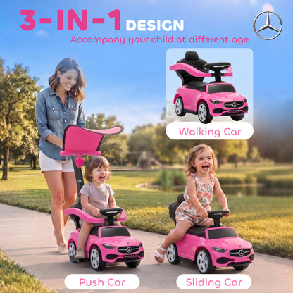 Mercedes Licensed 3-in-1 Kids Ride-On Push Car | Canopy | Guardrails | Steering Wheel Horn & Music | Under-Seat Storage | PP & Steel | 25kg | Ages 12-36 Months | 83x40x90cm | Pink / White / Black