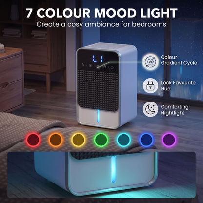 400ml/Day Small Dehumidifier | 7-Colour RGB Mood Light | 43dB Sleep Mode | 1.2L Tank | 2–12H Timer | LED Touch Panel | Auto Shut-Off & Defrost | 15m² | ABS | 15x13.4x24.2cm | White