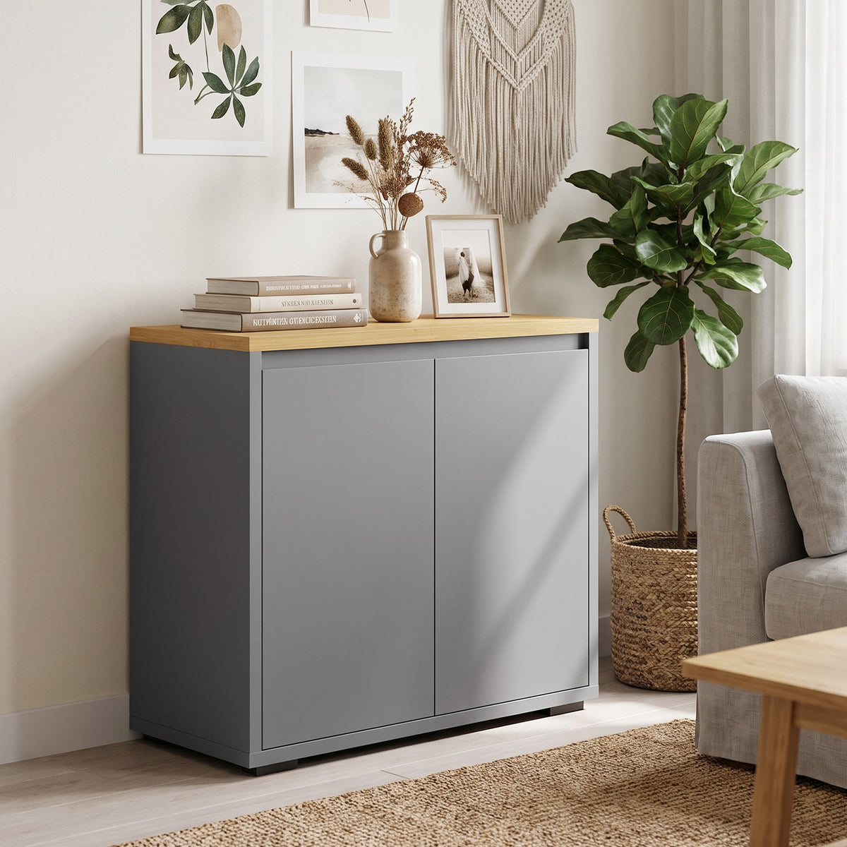 Grey Sideboard Storage Cabinet | 80 cm Wood-Effect Top with Double Doors & Adjustable Shelf | Kitchen, Living Room & Entryway Furniture