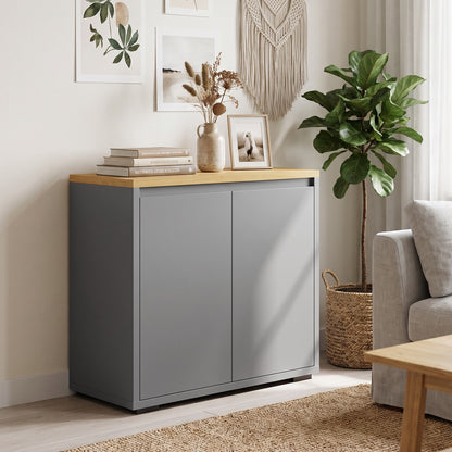 Grey Sideboard Storage Cabinet | 80 cm Wood-Effect Top with Double Doors & Adjustable Shelf | Kitchen, Living Room & Entryway Furniture