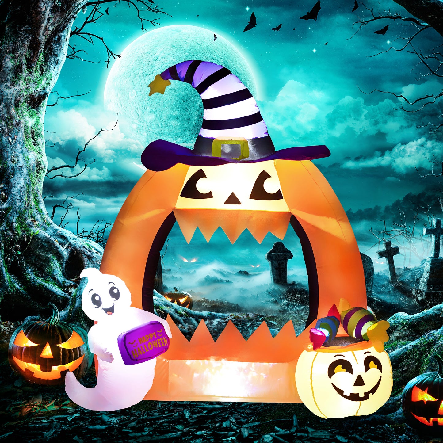 4.9FT Tall Halloween Inflatable Pumpkin Archway with Cute Ghost, Blow-Up Outdoor Halloween Decoration with LED Lights for Lawn, Garden, Party