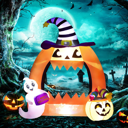 4.9FT Tall Halloween Inflatable Pumpkin Archway with Cute Ghost, Blow-Up Outdoor Halloween Decoration with LED Lights for Lawn, Garden, Party