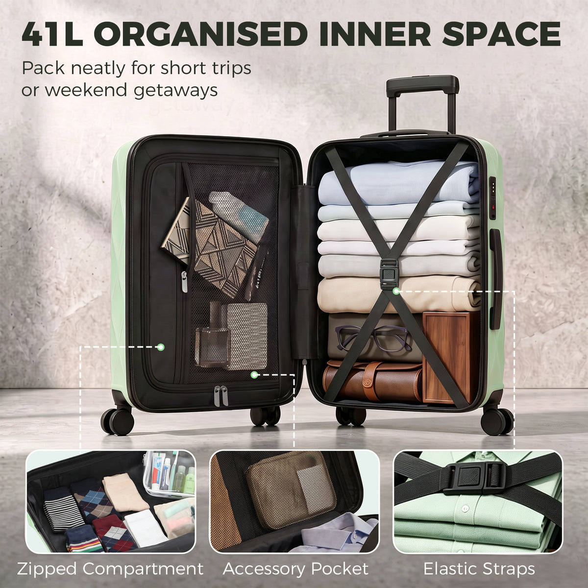 41L Cabin Suitcase | ABS Hard Shell Frosted Finish | TSA 3-Digit Lock | 4 Detachable 360° Spinner Wheels | Aluminium Telescopic Handle | 36x23x56cm | 8kg Capacity | Green / Black