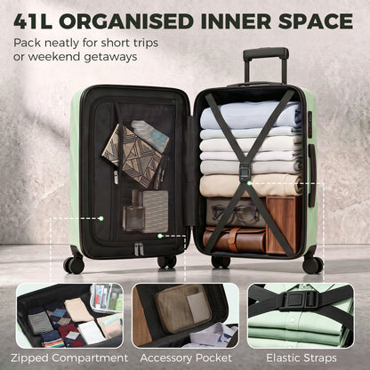 41L Cabin Suitcase | ABS Hard Shell Frosted Finish | TSA 3-Digit Lock | 4 Detachable 360° Spinner Wheels | Aluminium Telescopic Handle | 36x23x56cm | 8kg Capacity | Green / Black