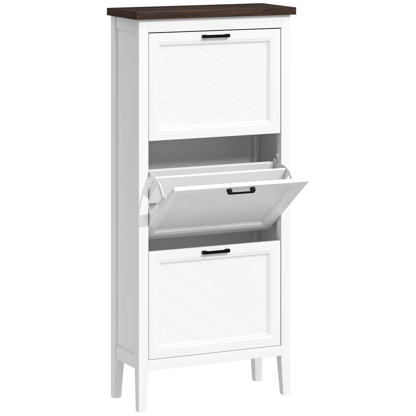 Farmhouse Narrow Shoe Cabinet | 3 Flip Drawers | Adjustable Shelves | 12-18 Pairs | Slim 26.5cm Depth | Max UK 9.5 | Anti-Tipping | MDF | 60x26.5x133.7cm | White