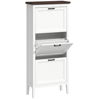 Farmhouse Narrow Shoe Cabinet | 3 Flip Drawers | Adjustable Shelves | 12-18 Pairs | Slim 26.5cm Depth | Max UK 9.5 | Anti-Tipping | MDF | 60x26.5x133.7cm | White