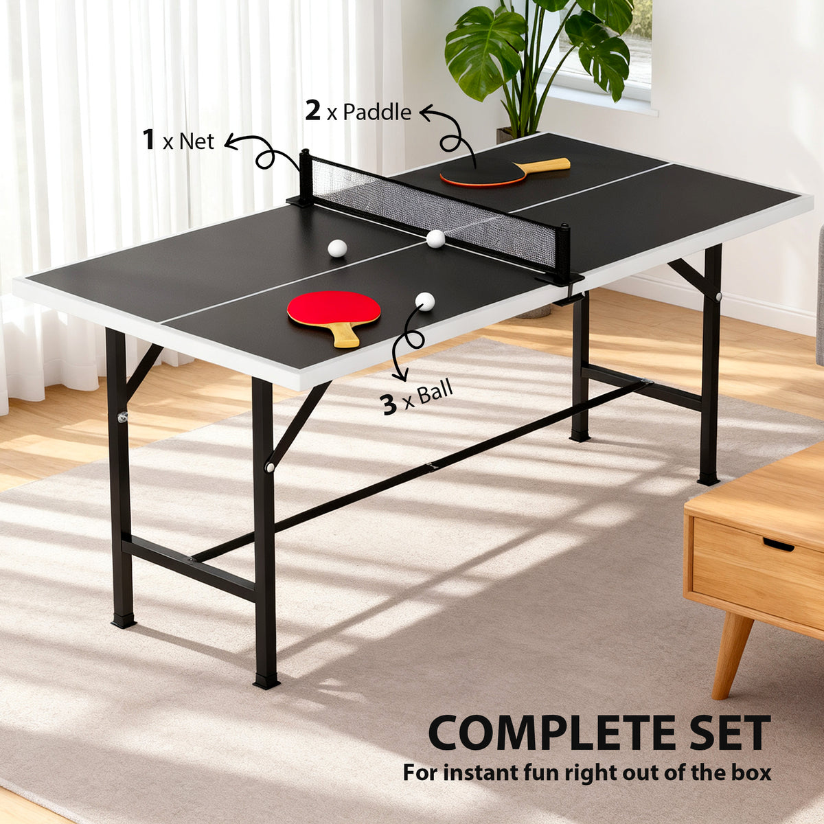 SPORTNOW 5ft Mid-Size Table Tennis Table | Black | 152x76x70cm | Folds to 76x76x12cm | E1 MDF Top | Steel Frame | Removable Net 78x12cm | Safety Locks | 2 Paddles & 3 Balls Included