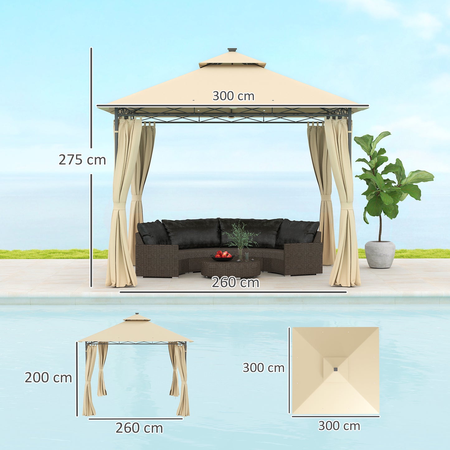 3 x 3 m Garden Gazebo, Double Roof Metal Gazebo with Curtains and Solar-Powered LED Lights, Outdoor Gazebo Canopy Shelter for Patio, Deck