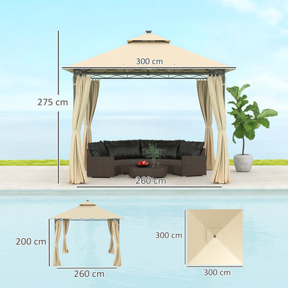 3 x 3 m Garden Gazebo, Double Roof Metal Gazebo with Curtains and Solar-Powered LED Lights, Outdoor Gazebo Canopy Shelter for Patio, Deck