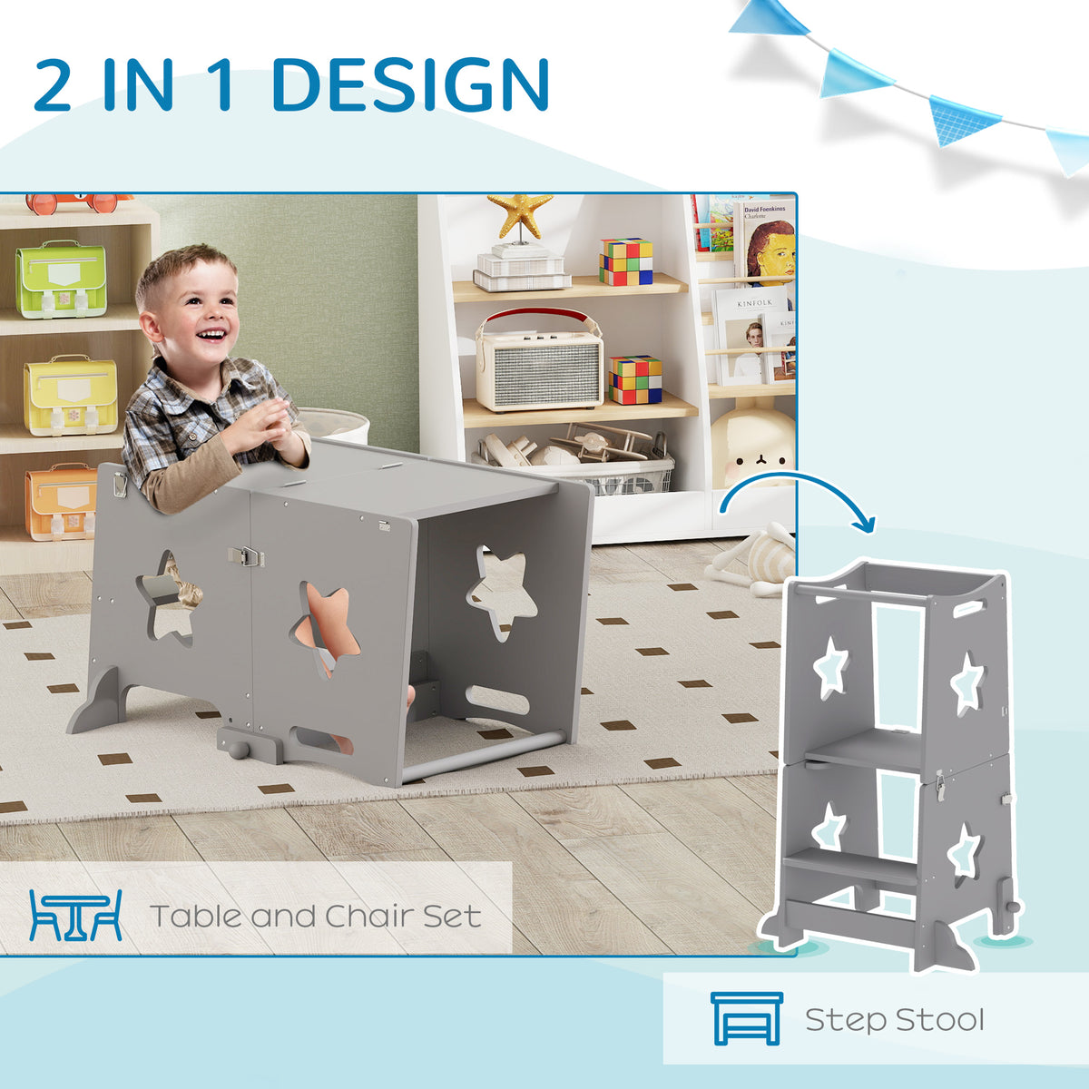 2-in-1 Toddler Step Stool & Table Chair Set | Safety Rail | Solid Pinewood & MDF | EN71 Certified | 30kg Capacity | Ages 3–6 | Kitchen Bathroom & Bedroom | Grey