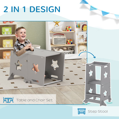 2-in-1 Toddler Step Stool & Table Chair Set | Safety Rail | Solid Pinewood & MDF | EN71 Certified | 30kg Capacity | Ages 3–6 | Kitchen Bathroom & Bedroom | Grey