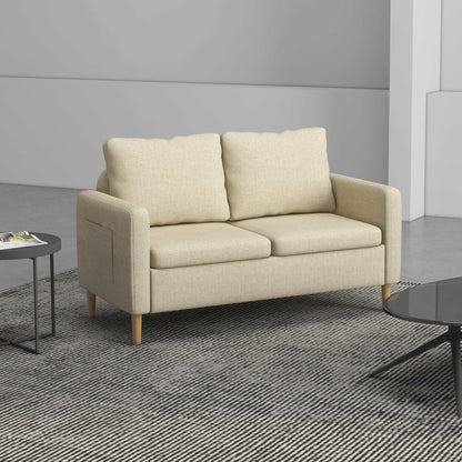 143cm 2 Seater Sofa for Living Room, Modern Fabric Couch, Loveseat Sofa Settee with Wood Legs and 2 Pockets for Bedroom and Home Office, Beige