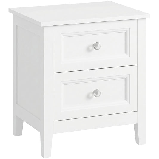 2-Drawer Bedside Table Nightstand | Crystal-Like Handles | Smooth Metal Rails | MDF | 30kg Total 10kg Top 10kg Per Drawer | 45x35x50cm | White