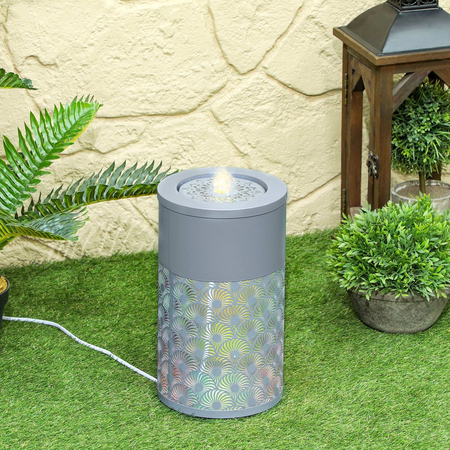 30 cm Tall Garden Waterfall Fountain with LED Lights and Pump, Garden Water Feature Water Fountain with Adjustable Flow and Cut-out Design