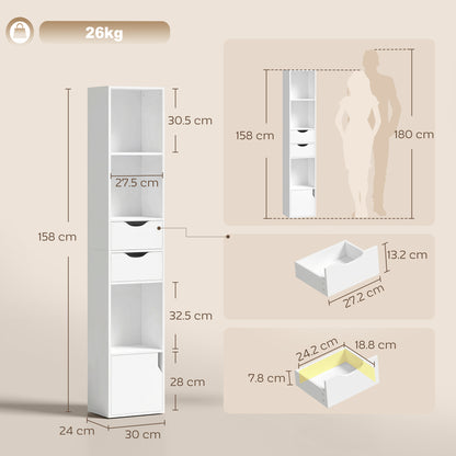Bookcase with Drawers Adjustable Shelf Bookshelf with 2 Drawers and Cabinet 158cm, White / Grey