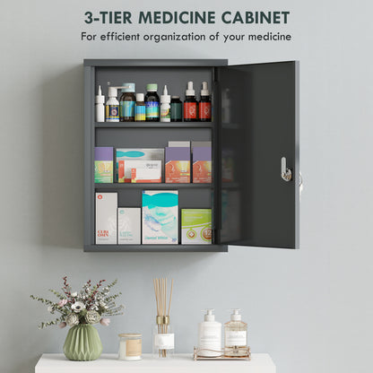Kleankin Locking Medicine Cabinet | Smoke Grey Cold-Rolled Steel | 40x15x53.5cm | 3 Tiers | Lock & 2 Keys | Wall-Mounted | First Aid Cross | 15kg | No Assembly