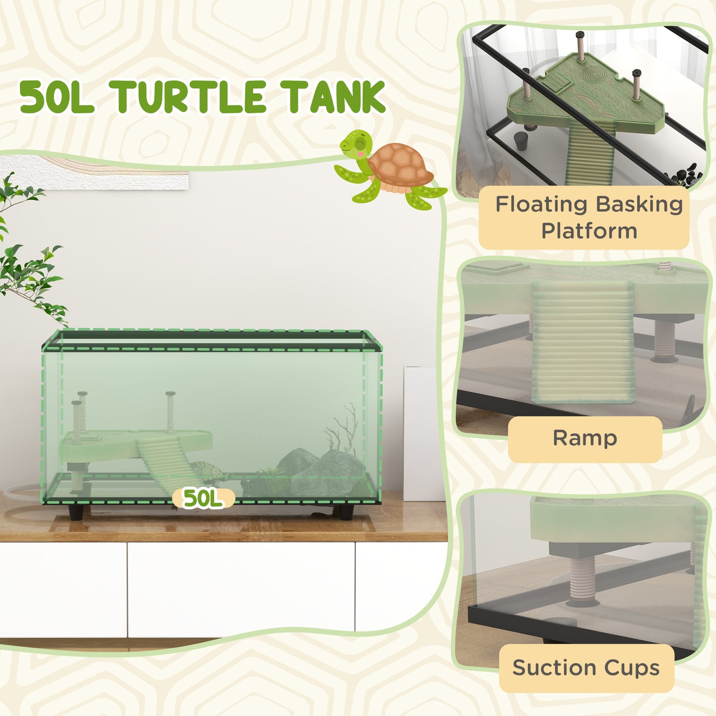 PawHut 50L Glass Turtle Tank Aquarium with Basking Platform, Easy-Drain, Strip Patch Thermometer
