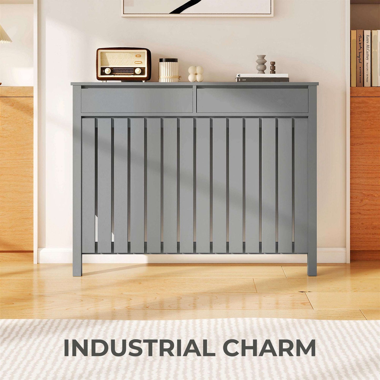 MDF & Particle Board Radiator Cover with 2 Drawers | Vertical Slats | Flat Top Display Surface | Wall Mountable | Pre-Cut Outs | 18kg Capacity | 119x19x93cm | Grey