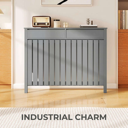 MDF & Particle Board Radiator Cover with 2 Drawers | Vertical Slats | Flat Top Display Surface | Wall Mountable | Pre-Cut Outs | 18kg Capacity | 119x19x93cm | Grey