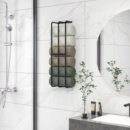 Towel Rail Wall Mounted Metal Rack Holder Organiser Holds Up to 6 Large Size (160 x 100cm) Rolled Towels, 3 Bar Towel Storage for Bathroom - Black