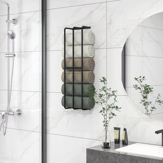 Towel Rail Wall Mounted Metal Rack Holder Organiser Holds Up to 6 Large Size (160 x 100cm) Rolled Towels, 3 Bar Towel Storage for Bathroom - Black