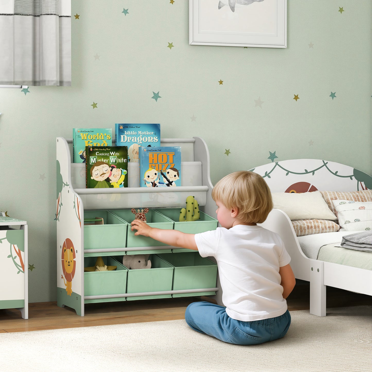 Kids Storage Unit with 6 Fabric Drawers & 2-Tier Sling Book Rack – Star Pattern, Rounded Corners, EN71 Tested, For Bedroom, Playroom & Nursery – Green